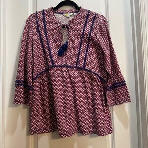 Boden Pink/Blue Print Top Sz 14 3/4 Sleeve Split VNeck Armpit To Armpit 22”